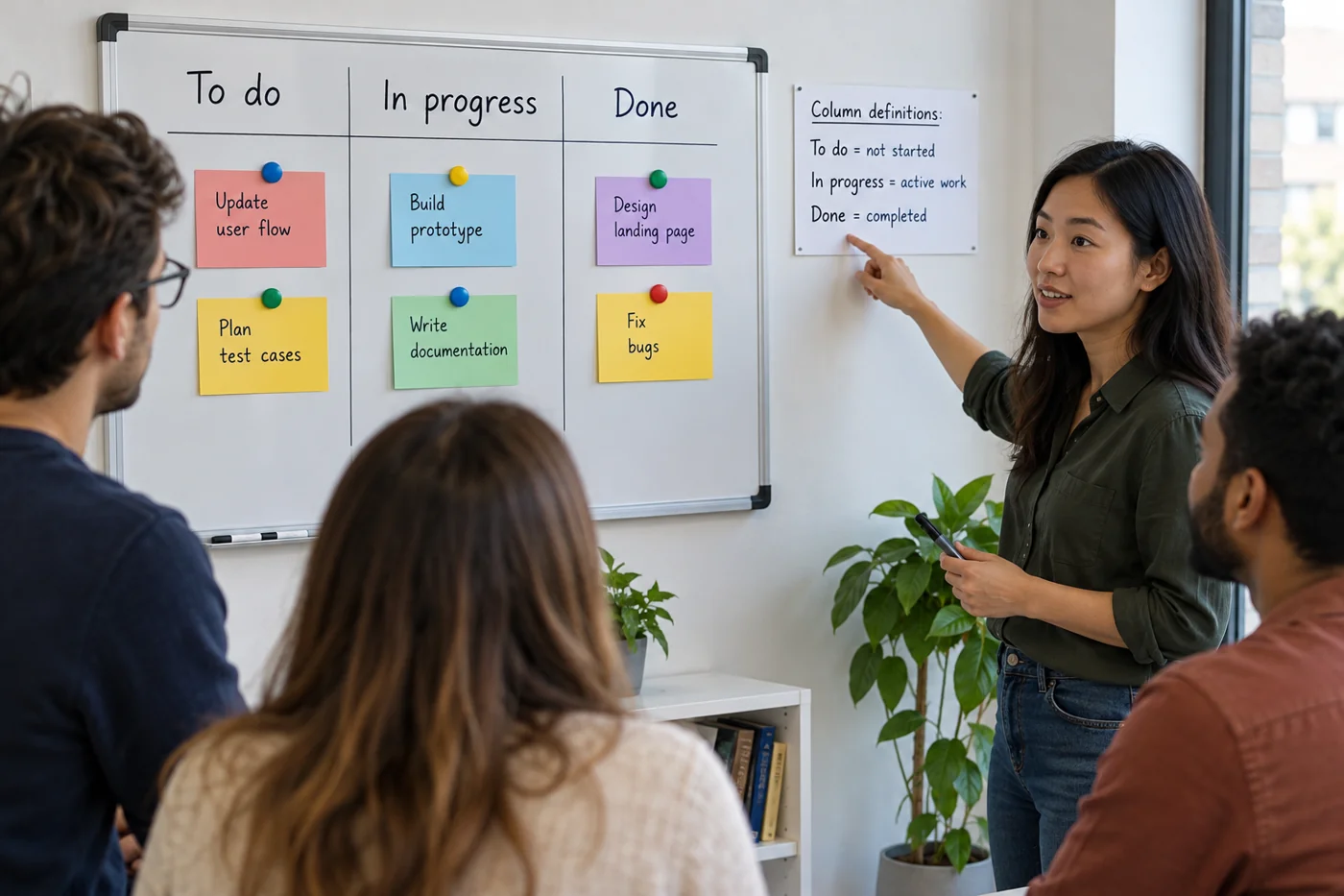 Illustrative example: Task board with three clear status columns.