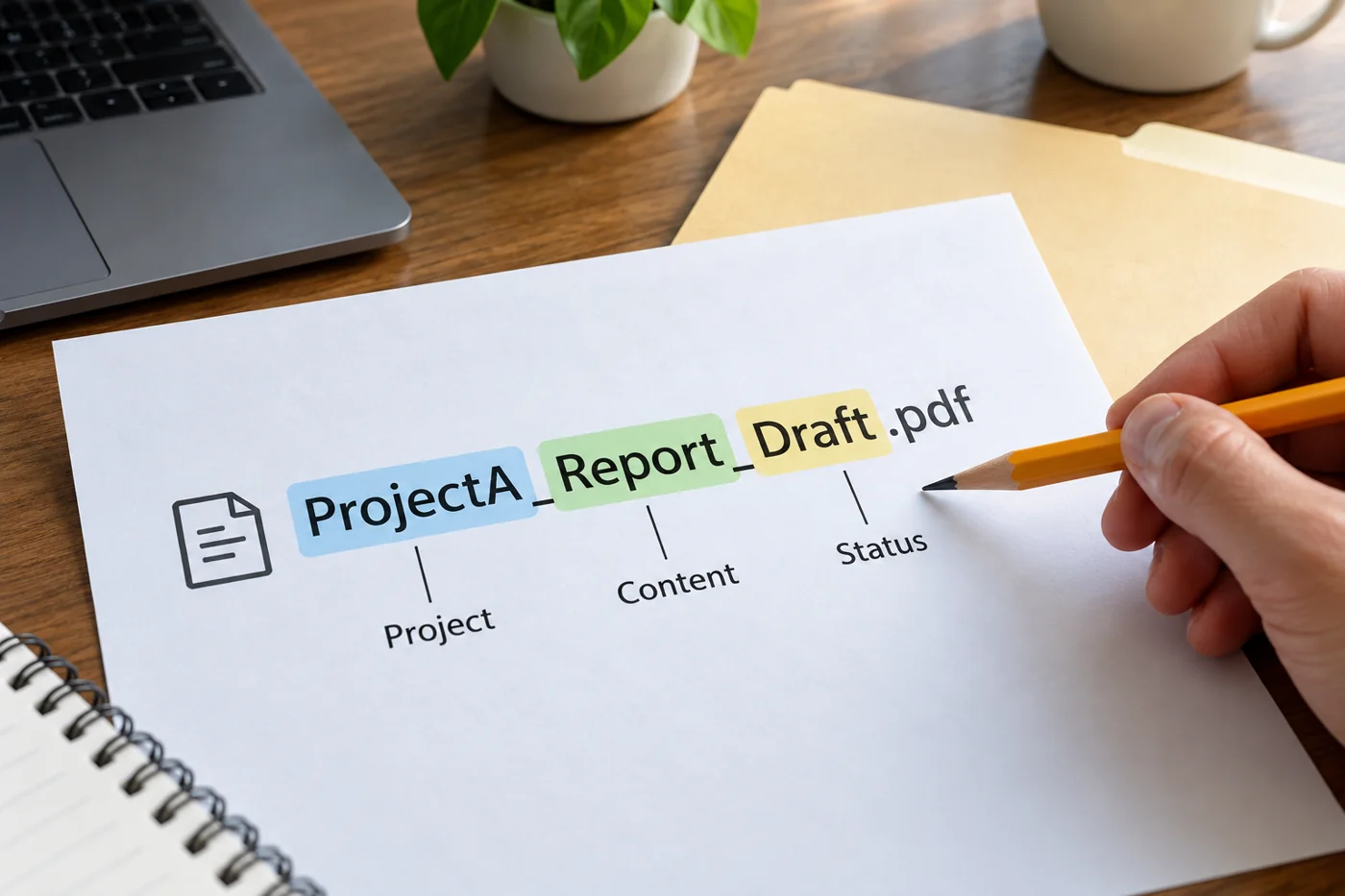 Illustrative example: Filename with project, content and status.