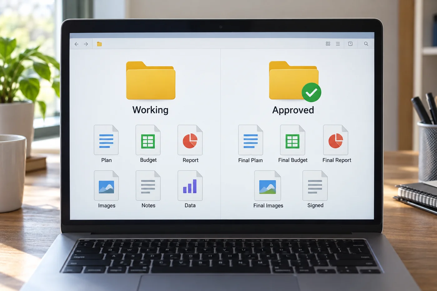 Illustrative example: Separate areas for working files and approved versions.