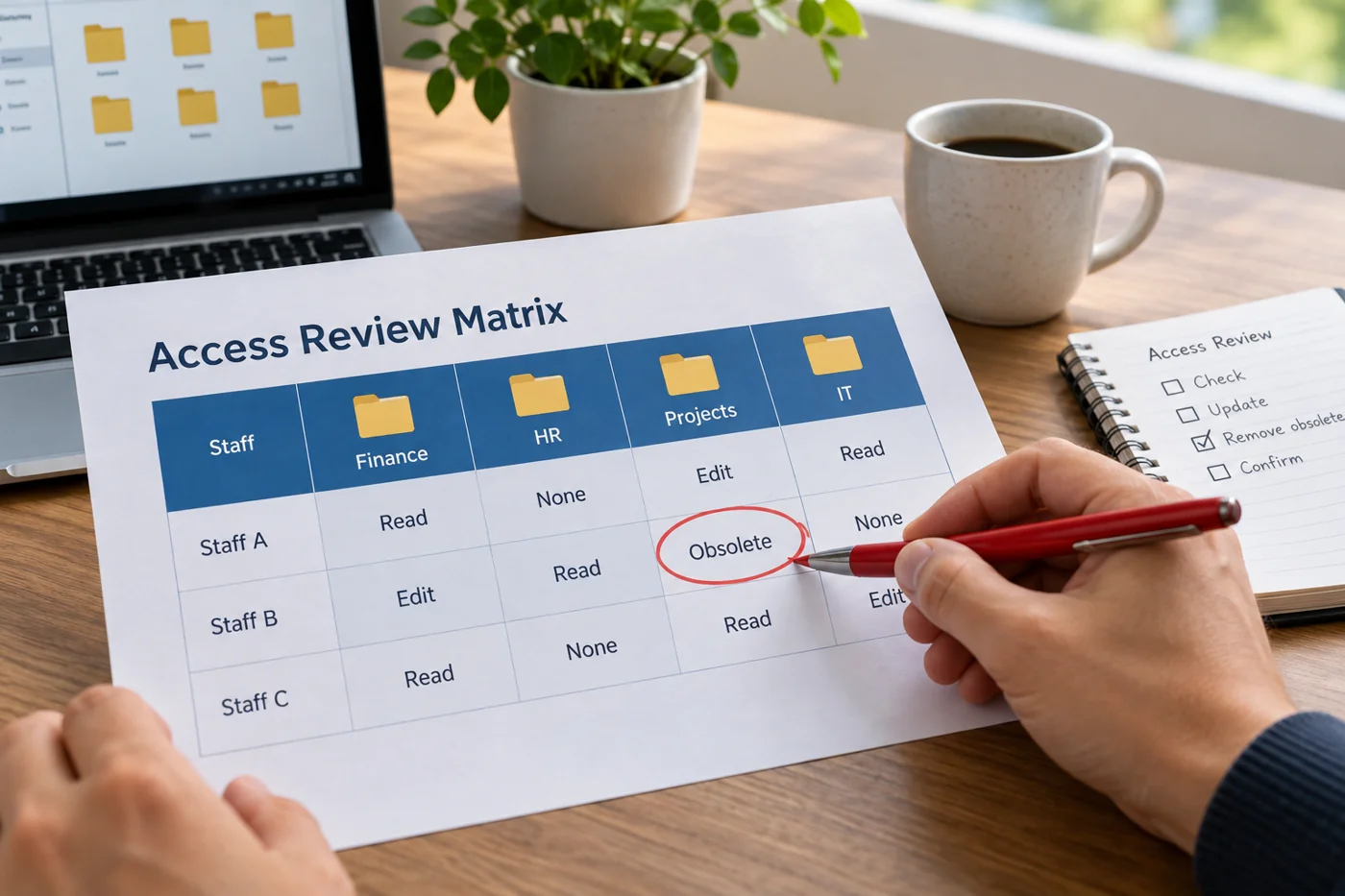Illustrative example: Reviewing an access matrix for shared folders.