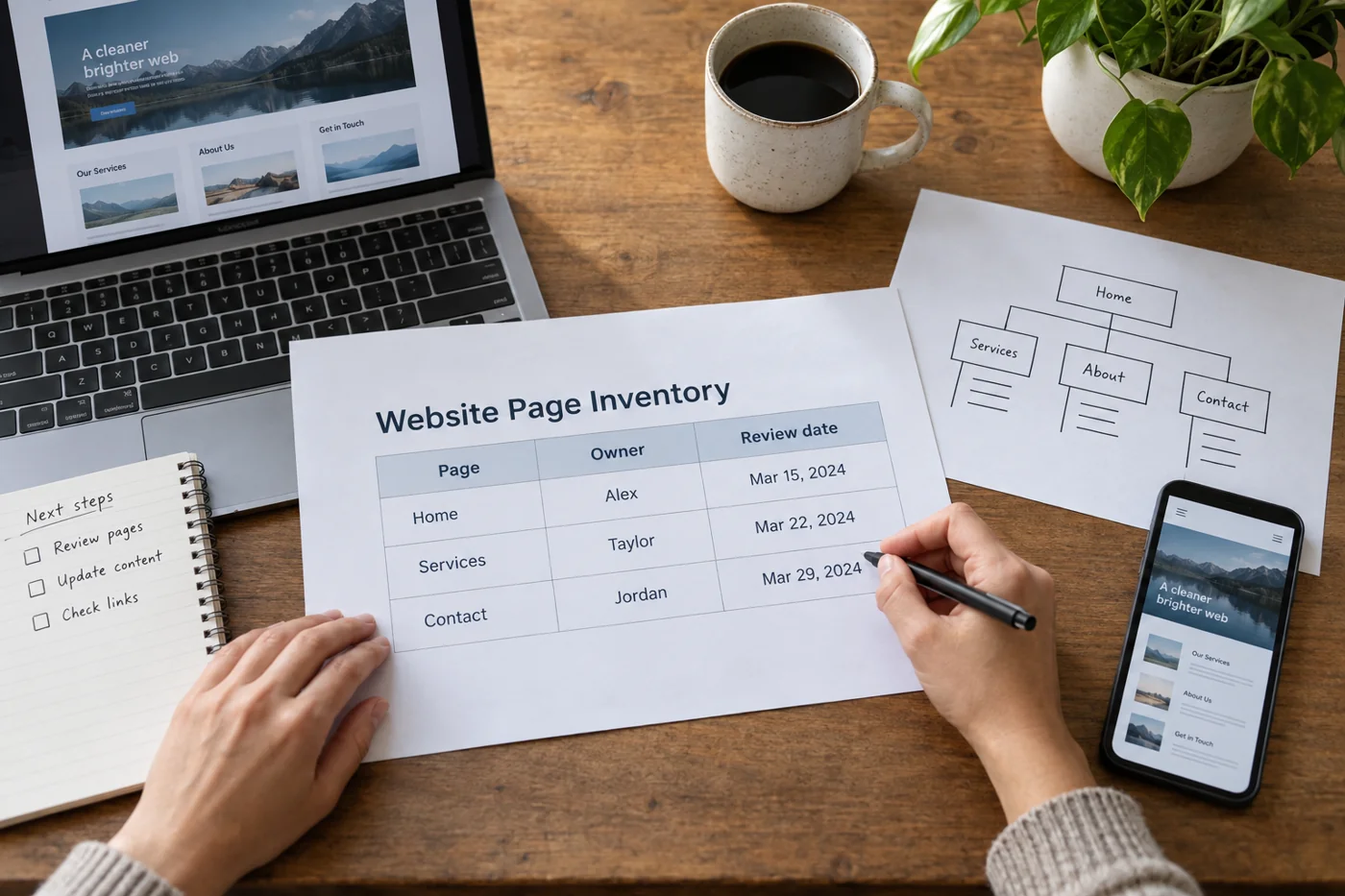 Illustrative example: Page inventory with owners and review dates.