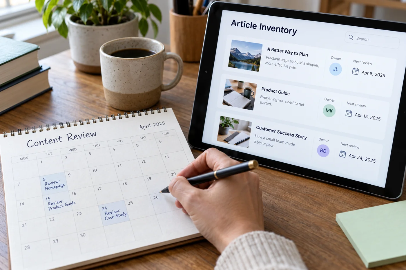 Illustrative example: Content review with owners and dates.