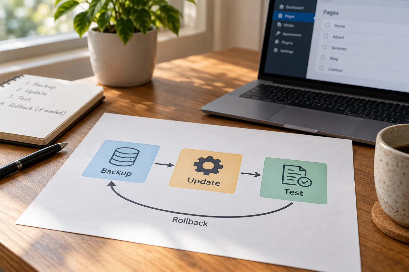 Illustrative example: CMS update plan with backup, test and rollback.