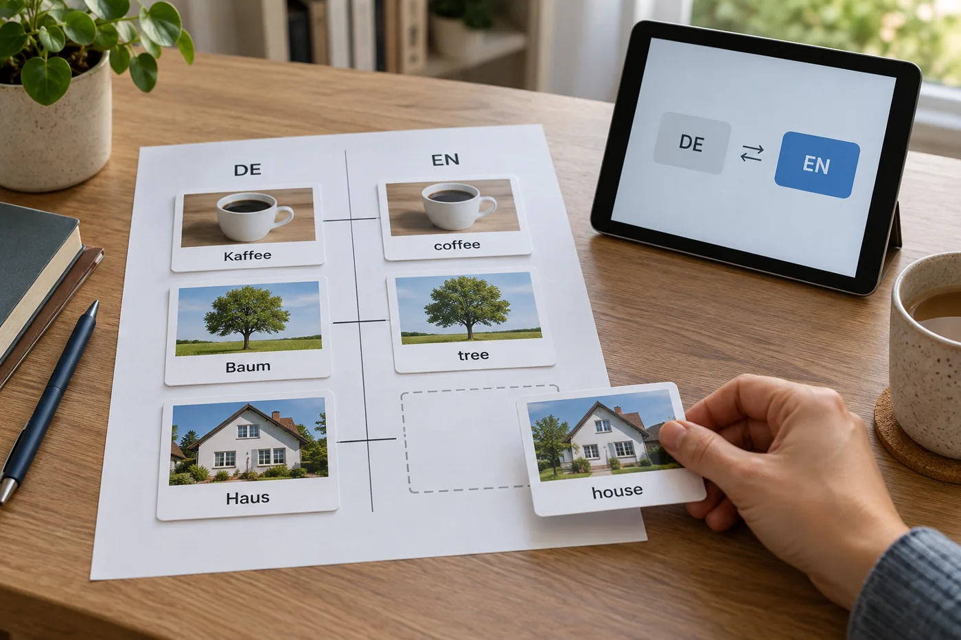 Illustrative example: Matching German and English pages with one visible gap.