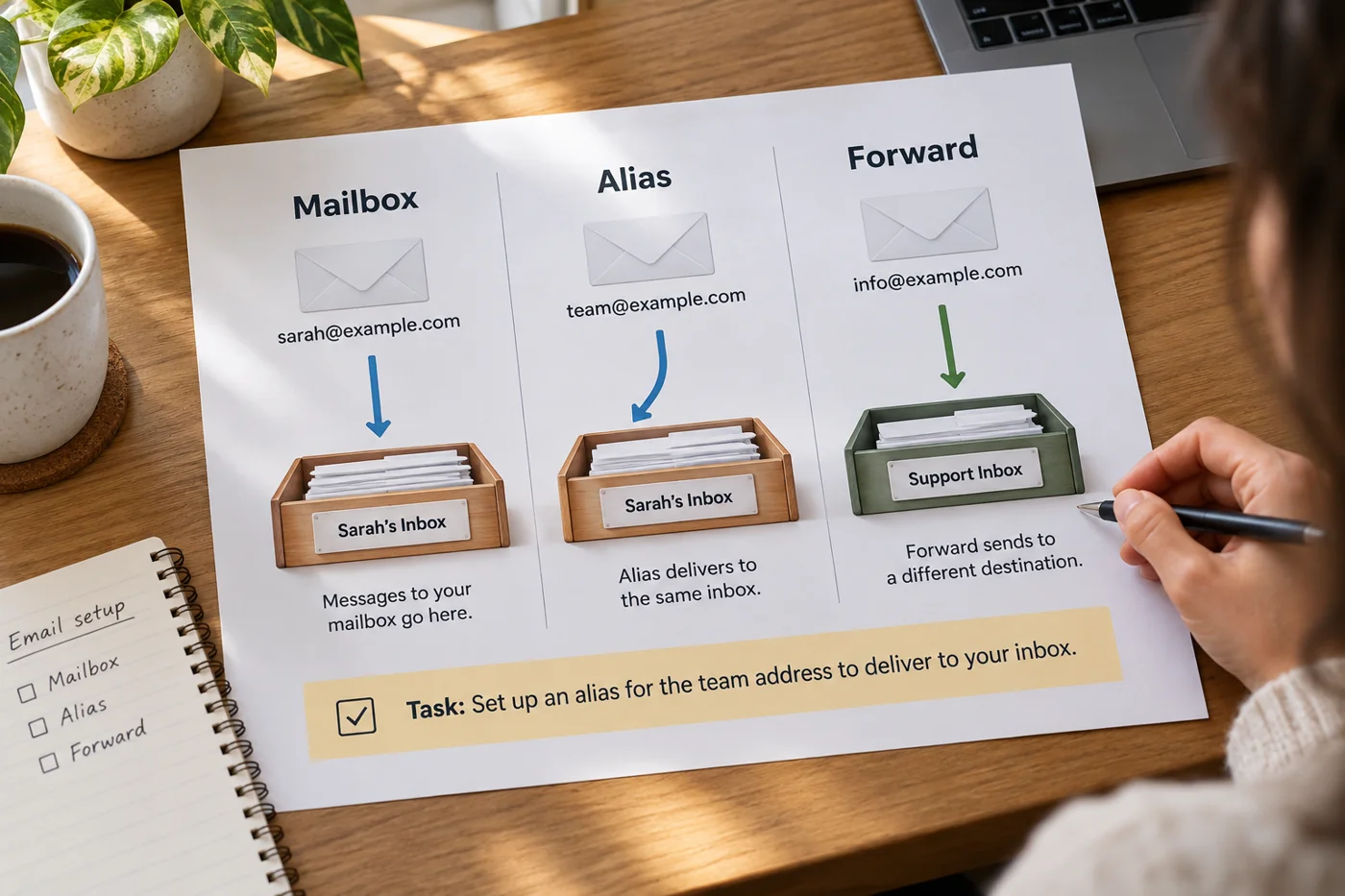 Illustrative example: Schematic distinction between mailbox, alias and forwarding.