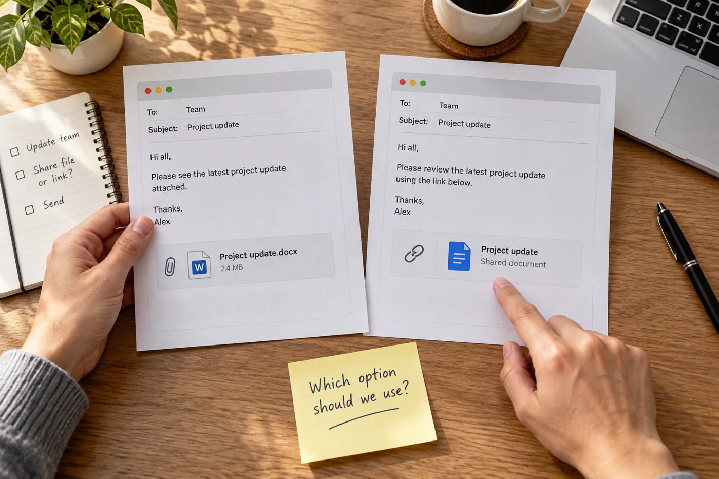 Illustrative example: Comparing a file attachment and sharing link in email.