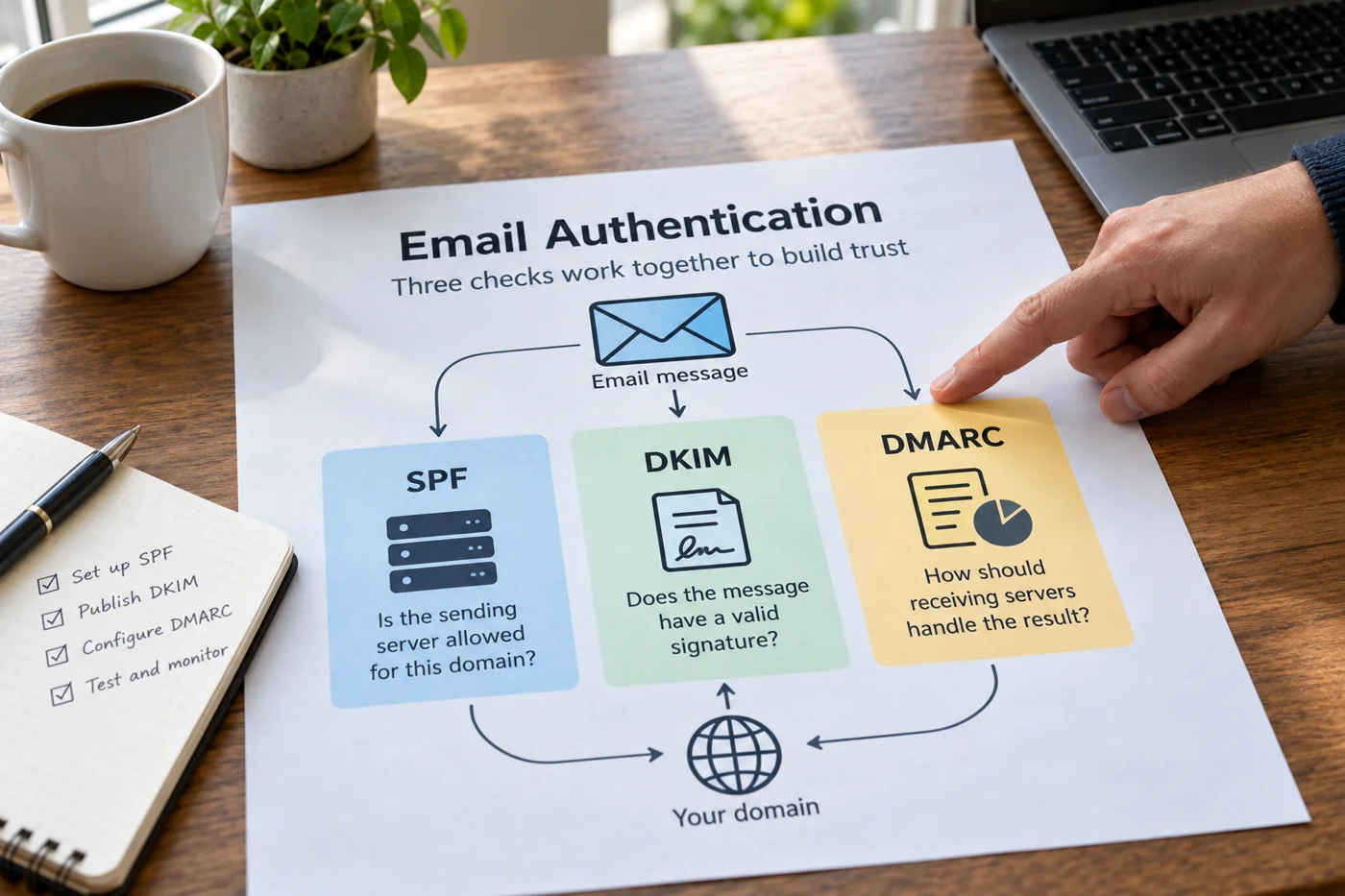 Illustrative example: SPF, DKIM and DMARC as related checks.
