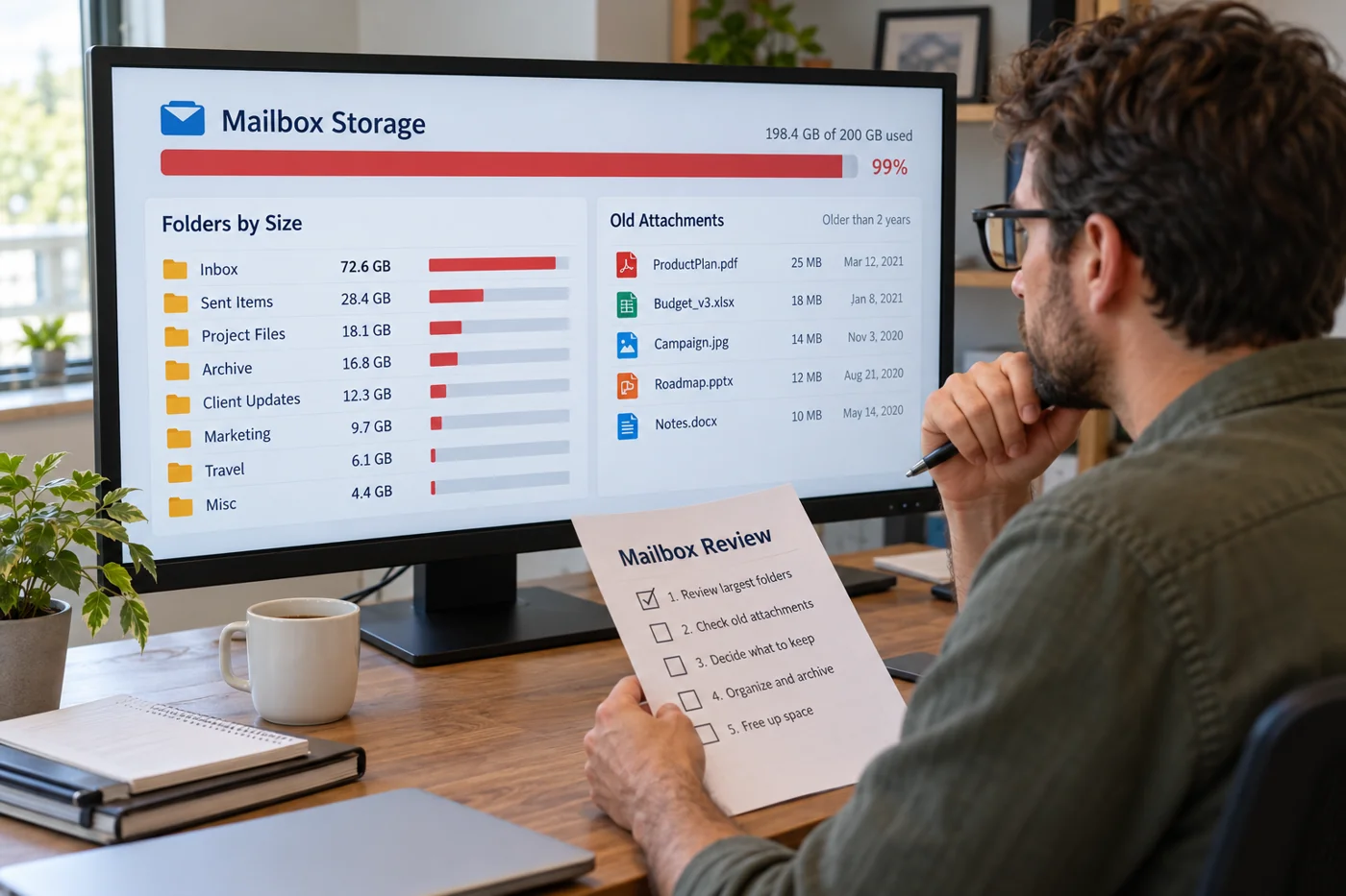 Illustrative example: Reviewing folder sizes and attachments in a full mailbox.