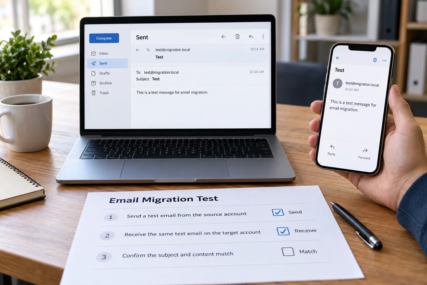 Illustrative example: Send and receive test after an email migration.