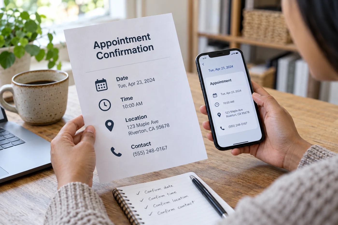 Illustrative example: Appointment confirmation with date, time, place and contact.
