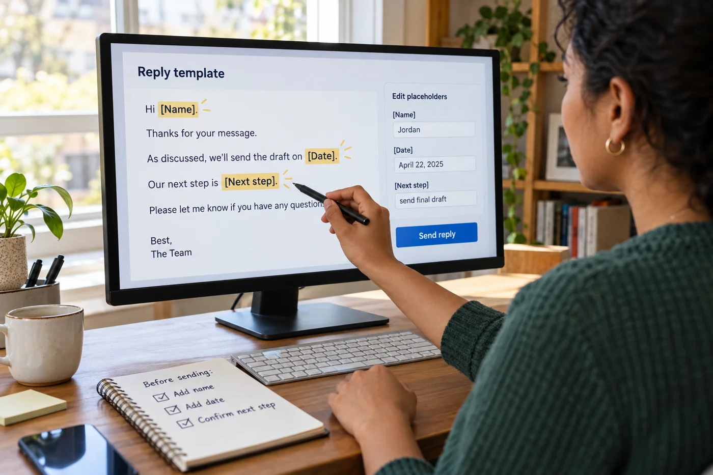 Illustrative example: Reply template with highlighted editable details.