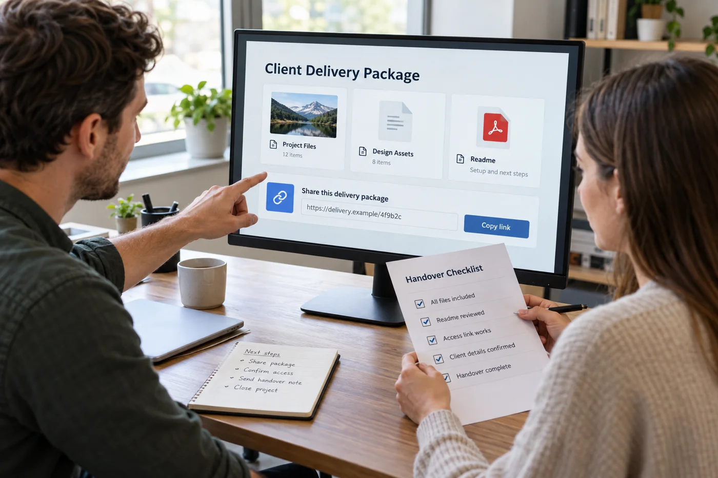 Illustrative example: Digital handover with files and an orientation note.