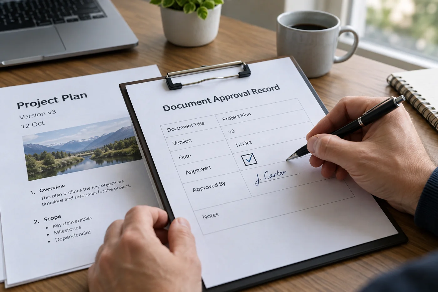 Illustrative example: Approval record with version and date.