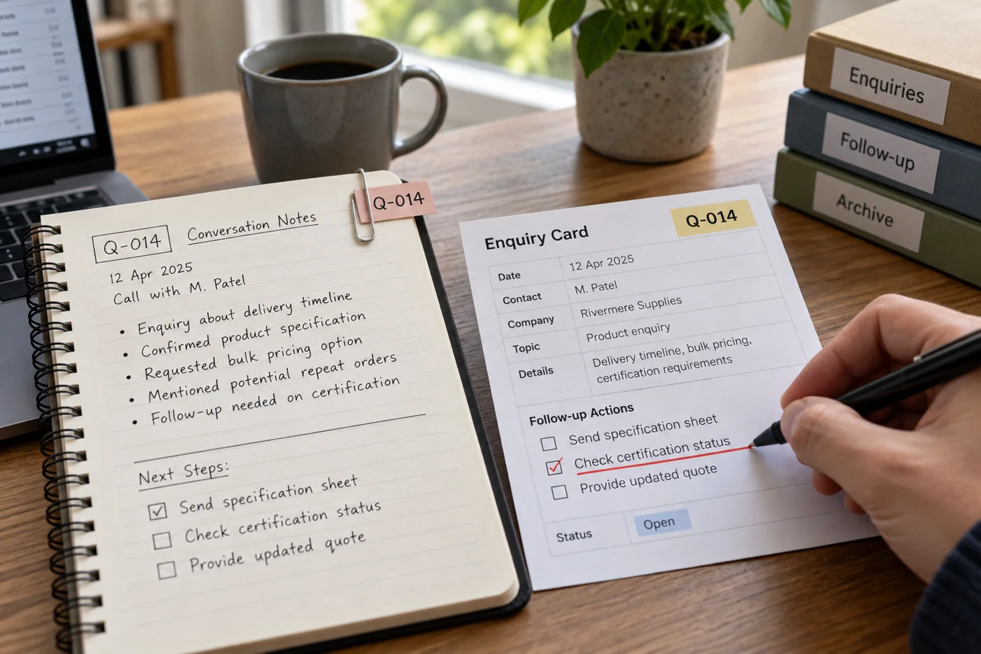 Illustrative example: Conversation notes linked to the original inquiry.