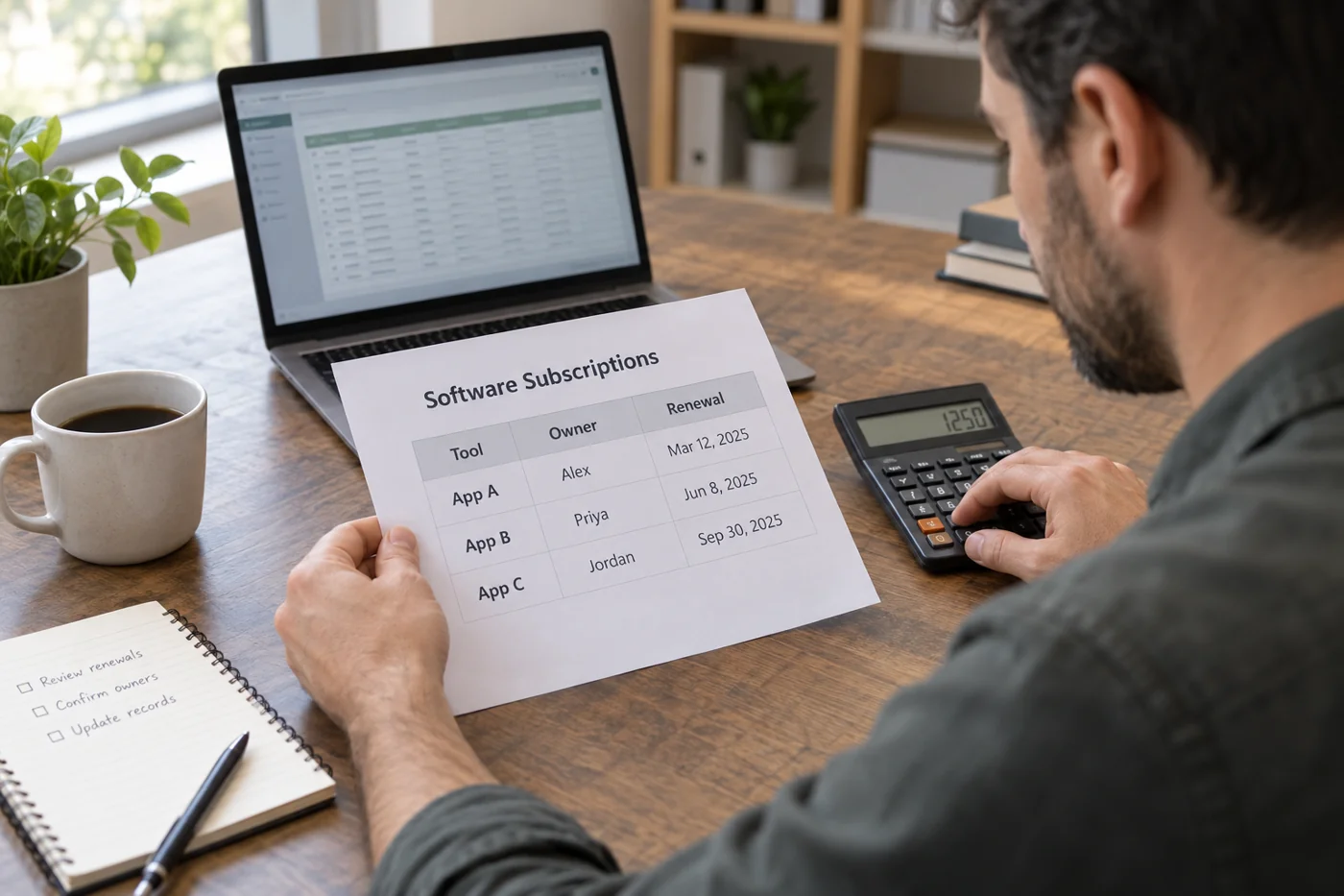 Illustrative example: Software subscriptions with owners and renewal dates.