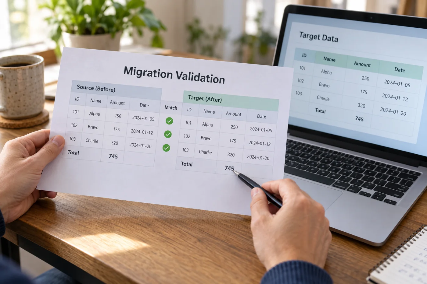 Illustrative example: Comparing results before and after a data migration.